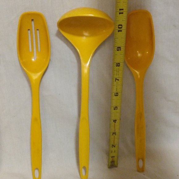 Vtg Foley Yellow Plastic Kitchen Utensils Serving Slotted Ladle Soup Spoon Fork - Picture 3 of 4